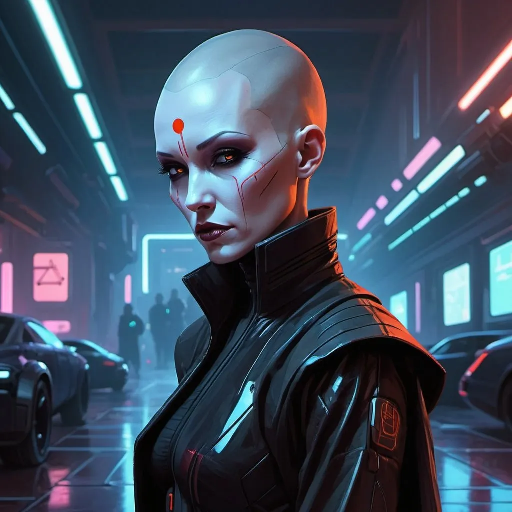 Prompt: cyberpunk asajj ventress in the style of Syd Mead
