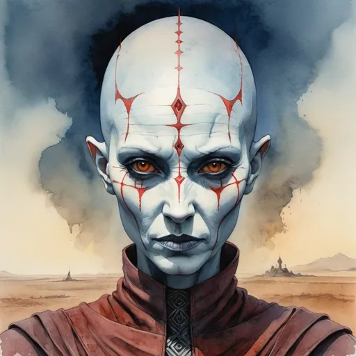 Prompt: Watercolor painting of Asajj Ventress in the style of Zdzisław Beksiński, popular on ArtStation, Greg Rutkowski technique, sharp focus, studio set-up, showcasing intricate details, highly detailed, ultra fine.