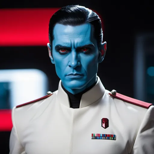 Prompt: "Thrawn (Star Wars) with blue skin and jet black hair, sharp focus on red eyes, dressed with white formal tunic with high collar, 85mm, hyper-realistic photo, nikon lens, shot on dslr 64 megapixels, dramatic above studio lighting, sharp focus portrait, bokeh museum background."
Weight:1   

"Professional photography, bokeh, natural lighting, canon lens, shot on dslr 64 megapixels sharp focus"
Weight:0.9  