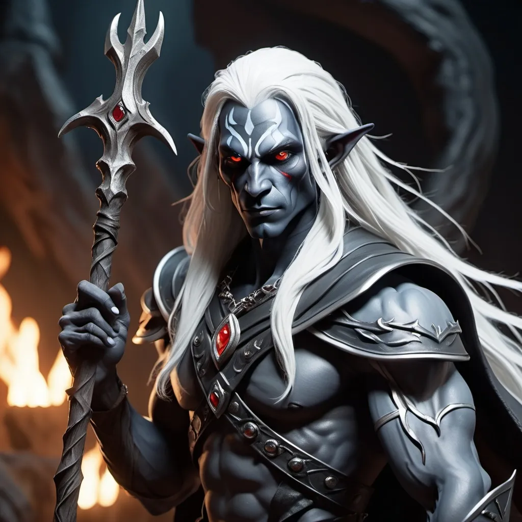 Prompt: Full-bodied fit and lithe drow male with obsidian skin, payne's gray skin and piercing red eyes, white long hair, open leather tunic, dynamic posture wielding a gnarled staff, capturing the perfect composition of a beautifully detailed, intricate, octane rendered masterpiece natural, volumetric and cinematic lighting.
32k Resolution, molecular detail, ultra sharp focus. 