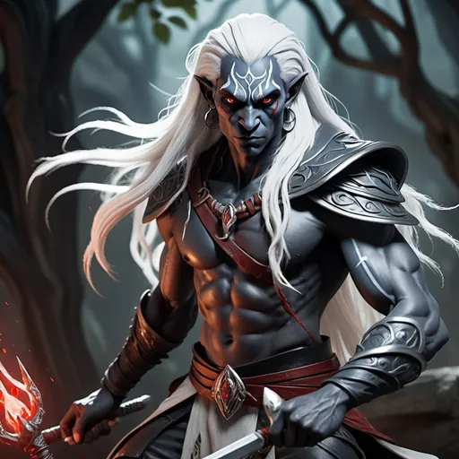 Prompt: Full-bodied fit and lithe drow male with obsidian skin, payne's gray skin and piercing red eyes, white long hair, open leather tunic, dynamic posture wielding a gnarled staff, capturing the perfect composition of a beautifully detailed, intricate, octane rendered masterpiece natural, volumetric and cinematic lighting.
32k Resolution, molecular detail, ultra sharp focus. 