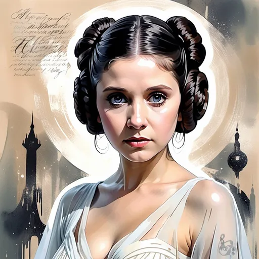 Prompt: Darkness, sweet melancholy, jazz club, dancing, mixed media photo collage, dreamlike, ballgown, wide eyes, double exposure, flirtatious, beautiful bombshell, half body portrait lovely young Princess Leia, dainty, soft colors, light, gouache wash, calligraphic lines.