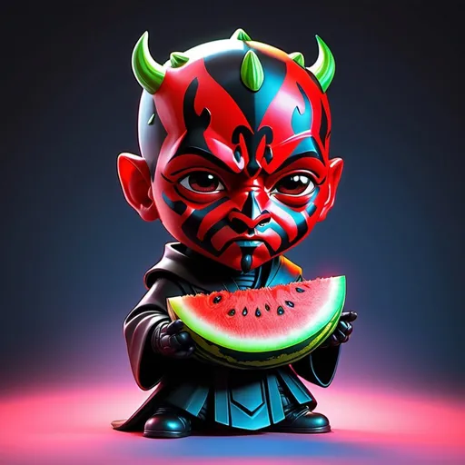 Prompt: Darth Maul chibi, eating anthropomorphic watermelon humanization, watermelon as human, anime style, shy face, beautiful and young, flirty atmosphere, ambient color, illustration, detailed. 32k resolution, molecular precision.