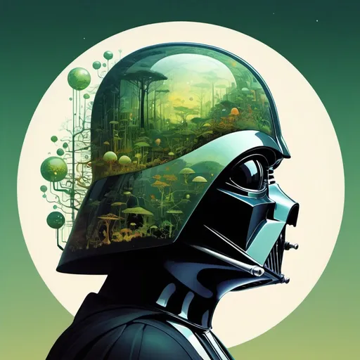 Prompt: Science, embodiment of science, portrait, mindscape of Darth Vader, ecology, physics, chemistry, mycology, mathematics, green glowing, double exposure collage art illustration, silhouette art, fantasy, vibrant, surrealism, hyperdetailed, hypermaximalist illustration by Gediminas Pranckevicius, Victo Ngai, Hokusai, Salvator Dali, Andreas Lie, Android Jones