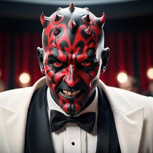 Prompt: "A cinematic film still of a screen accurate Darth Maul smiling and wearing a sharp white tuxedo with black tie and red pocket square at the Oscars"
Weight:1.5

"intricate details, HDR, beautifully shot, hyperrealistic, sharp focus, 64 megapixels, 16k resolution, shot on DSLR, perfect composition, molecular precision, high contrast, cinematic, atmospheric, moody, photorealistic, hyper detailed, tilt shift, cinematic color film still. UHD.”
Weight:1.1