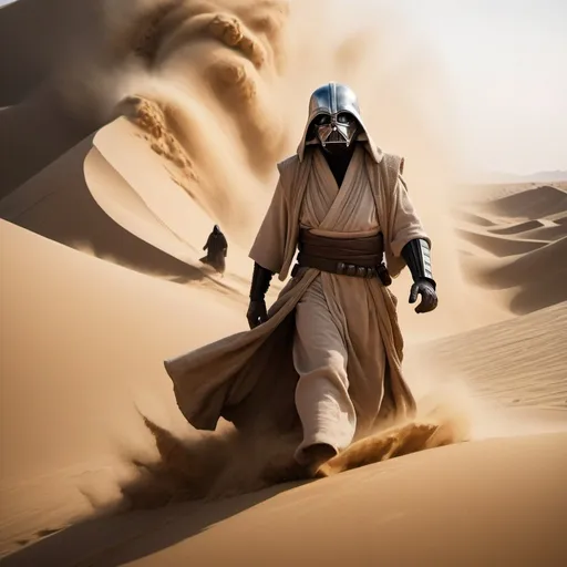 Prompt: very dark focused flash photo, amazing quality, masterpiece, best quality, hyper detailed, ultra detailed, UHD, perfect anatomy, portrait, dof, hyper-realism, majestic, awesome, inspiring, Capture the thrilling showdown between the ancient Old Ben Kenobi mummy and the colossal sand vader in an epic battle amidst swirling dust and desert sands. Embrace the action and chaos as these formidable forces clash in the heart of the dunes. cinematic composition, soft shadows, national geographic style