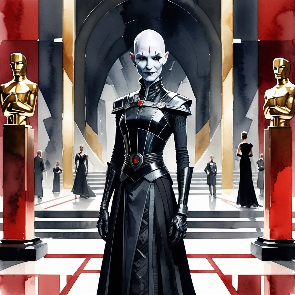 Prompt: "Asajj Ventress smiling and dressed sharply in high fashion at the Oscars"
Weight:1.5
"full body shot, 16k resolution, perfect composition, molecular precision, high contrast, atmospheric, moody, molecular detail." 
Weight:1.1
"Watercolor painting on paper, style by Cheng Hsien Hsieh and Thomas W Schaller