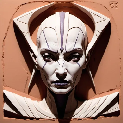 Prompt: terra cotta bas relief of Asajj Ventress art by MOmMA, minimal color