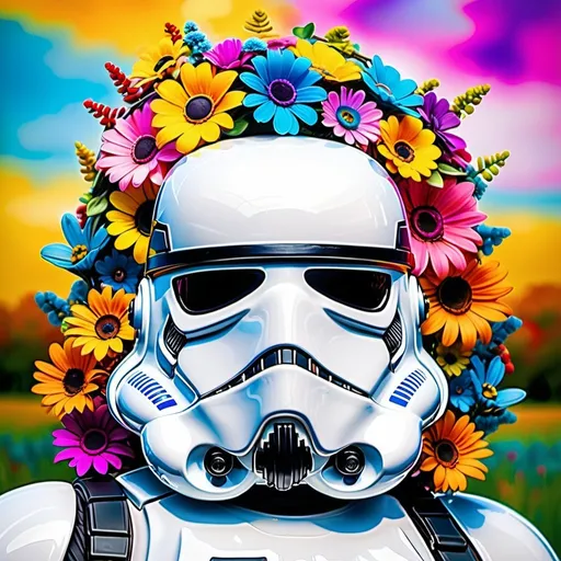 Prompt: "Stormtrooper dressed in Groovy 60’s style, bright colors, tie dye, peace signs, big sunglasses, flower crown on helmet, spinning in an open field"
Weight:1.3

"abstract art complementary colors fine details"
Weight:1.2 "

"sharp focus, great depth of field, high contrast, nostalgic cinematic feel, 16k resolution, molecular precision"
Weight:1.1