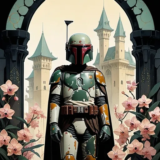 Prompt: by Victo Ngai & Chiho Aoshima :: strange eternal Boba Fett standing vigil in front of onyx castle portcullis with wrapping vibes and orchids with eyes in the darkness :: vibrant with deep inked blacks :: shadowed negative space :: magical, eerie