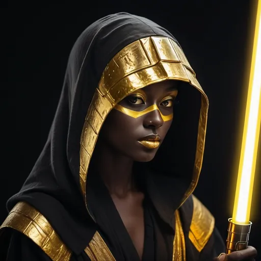 Prompt: (film grain), photoart_style,(yellow and black, vivid, minimalist, beautiful black face, (golden make-up;1.4), side view profile), golden Jedi hood and robes, (Golden lightsaber:1.3), very small red horns, realistic, Wide angle lens, high contrast, dark black tone, Cinematic Lighting, movie-level texture, hand-painted details, epic, meticulous, perfect composition, dynamic play of light, rich colors, epic shot, perfectly quality, natural textures, high detail, photoshadow, (natural colors, correct white balance, color correction, dehaze),(intricate detailed)
32k resolution, molecular precision, sharp focus