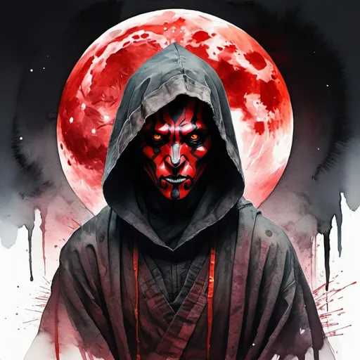 Prompt: Digital watercolor stunning_scary_darth_maul_in_hooded_robes_silhouette :: dark_ruins :: medieval :: dark_scene :: dark_scenery :: dead_space_vibes :: fight :: surrounded by glowing luminescent chemistry :: Fantasyscape Full Red Moon, by CC, Waterhouse, Carne Griffiths, Minjae Lee, Ana Paula Hoppe, Stylized watercolor art, Intricate, Complex contrast, HDR, Sharp, soft Cdouble exposure, transparent layers, beautifully shot, hyperrealistic, wide long shot, perfect masterpiece