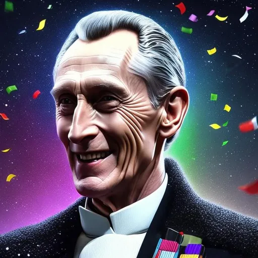 Prompt: "majestic realistic Portrait laughing grand moff tarkin looking up at sky , vivid colored confetti flys around in H-I Riveriea fractal pattern, dark background, fine art museum quality photorealistic depiction, anatomically accurate, hyper realistic, cinematic, HDR"
Weight:1   

"Hyperrealistic, splash art, concept art, mid shot, intricately detailed, color depth, dramatic, 2/3 face angle, side light, colorful background"
Weight:0.9 