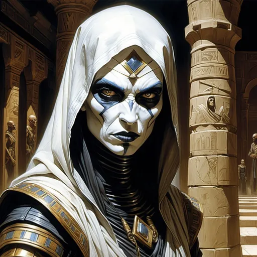 Prompt: by luis_royo_and_basil_gogos_and_donato_giancola_and_Frank_Xavier_Leyendecker painted_illustration :: hips_up_portrait_of_angry_Asajj Ventress_mummy_wrapped_in_linen_withered_persian_face_wandering_alone_in_egyptology_museum :: dynamic_action_pose, 32k resolution, molecular precision."