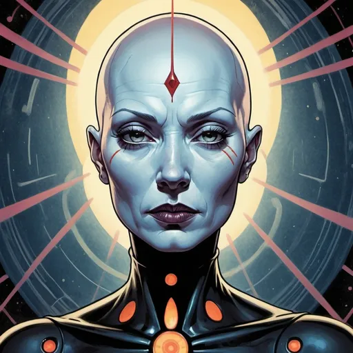 Prompt: Vintage sci-fi pulp comic illustration featuring Asajj Ventress (COMPLETELY BALD!) possessing radiant symmetry, bald and albino, illustrated with the guilloché half-toning technique boasting a four-color bold palette, channeling the styles of Virgil Finlay, Wallace Wood, and MOEBIUS, expressions are gritty and unrestrained, capturing anatomical precision, digital painting, dramatic lighting, ultra-clear. 32k resolution, molecular precision, ultra sharp focus.