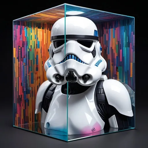 Prompt: "Box Geometric ,perfect boxes, optical illusion, intricate details, highly detailed, ,mirror reflection of a stormtrooper pixilated influenced by Frank Loyd Wright color explosion forms a woman in a glass 3D box 4D graph paper squares"
Weight:1   

"Hyperrealistic, splash art, concept art, mid shot, intricately detailed, color depth, dramatic, 2/3 face angle, side light, colorful background, 32k resolution, molecular precision, ultra sharp focus."
Weight:0.9 