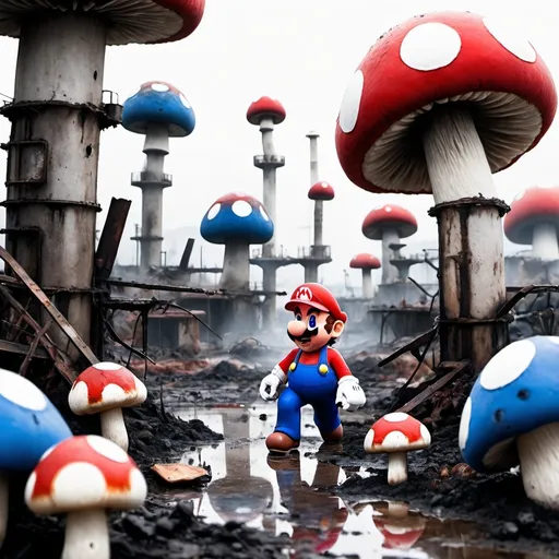 Prompt: Rugged live action Super Mario scouring the desolate wasteland for resources. Burning dystopian buildings with mushroom rooftops. Wet grunge black, red, blue ink abstract shape brush mark on white watercolor paper sketch illustration, 32k resolution, molecular precision, sharp focus