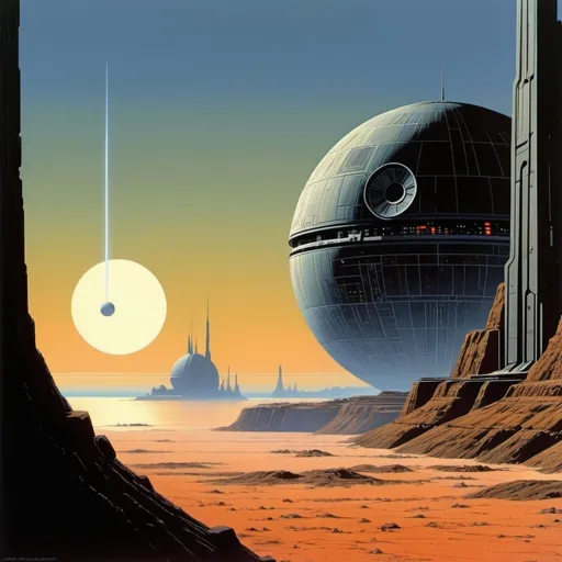 Prompt: Retro futurist landscape. Ralph McQuarrie. 1Death Star on horizon. 32k resolution, molecular precision, ultra sharp focus.