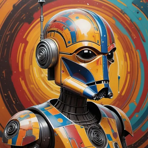 Prompt: "Design an abstract piece inspired by the concept of star wars droids, incorporating swirling patterns and fragmented imagery."
Weight:1   

"Hyperrealistic, splash art, concept art, mid shot, intricately detailed, color depth, dramatic, 2/3 face angle, side light, colorful background"
Weight:0.9 