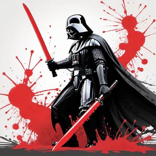 Prompt: (Silhouette:1.3), (Profile: 1.3), Darth Vader, (wielding a giant blade:1.3), whimsical illustration, graffiti styled, wet washed, black smoke, best quality, close up, rough, sketch, bold heavy lines, highly stylized, Japanese ink, splash art, red paint splash, ink droplets, hand drawn, epic background.