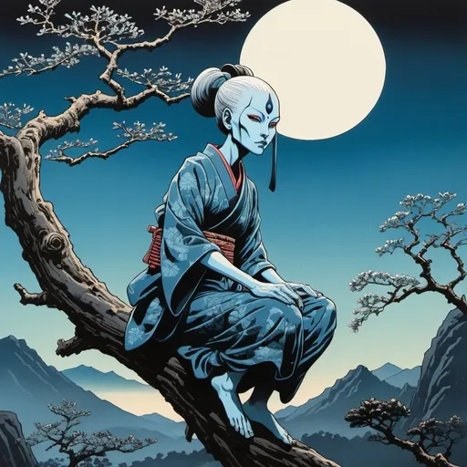 Prompt: Utamaru hyper detailed ukiyo-e style woodblock print on matte paper bioluminescent Asajj Ventress perched on branch Sierra Madre