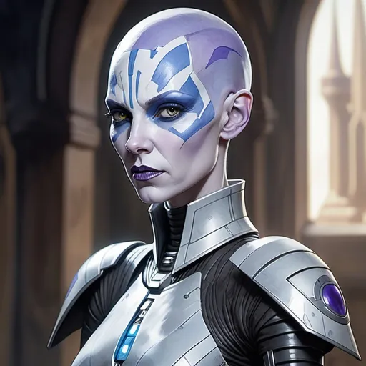 Prompt: Asajj Ventress cyborg, blue and violet markings and theme, Watercolor, trending on artstation, sharp focus, studio photo, intricate details, highly detailed, by greg rutkowski