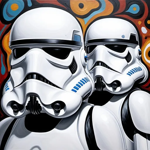Prompt: Abstract stormtrooper helmets and whimsical pareidolia. Aboriginal art. surrealist art. Oil painting predominantly using the color white with stunning textures, producing energetic compositions. By artist "abstract". By artist "Aboriginal". By artist "surreal". Crisp, sharp, focused, vibrant, clear image, high contrast.