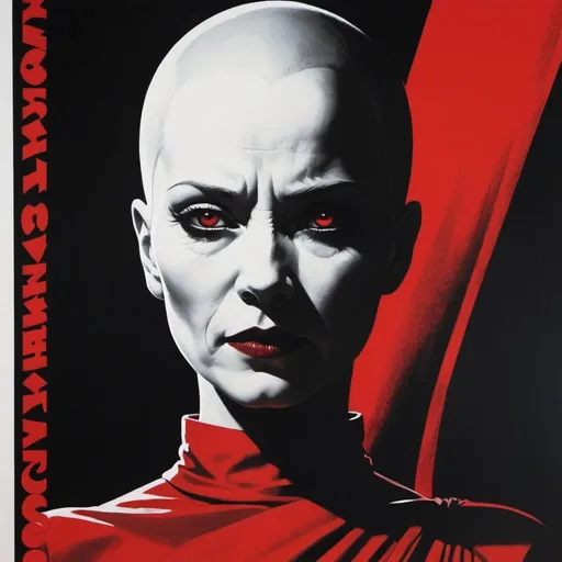 Prompt: a close up of a poster with asajj ventress in a red dress, sin city, by Shinji Aramaki, saul bass, sickly, film still from sin city, by Chip Zdarsky, enthralling :8, by Szymon Czechowicz, in the style saul bass, shifty, by mckadesinsanity, minimal movie posters,