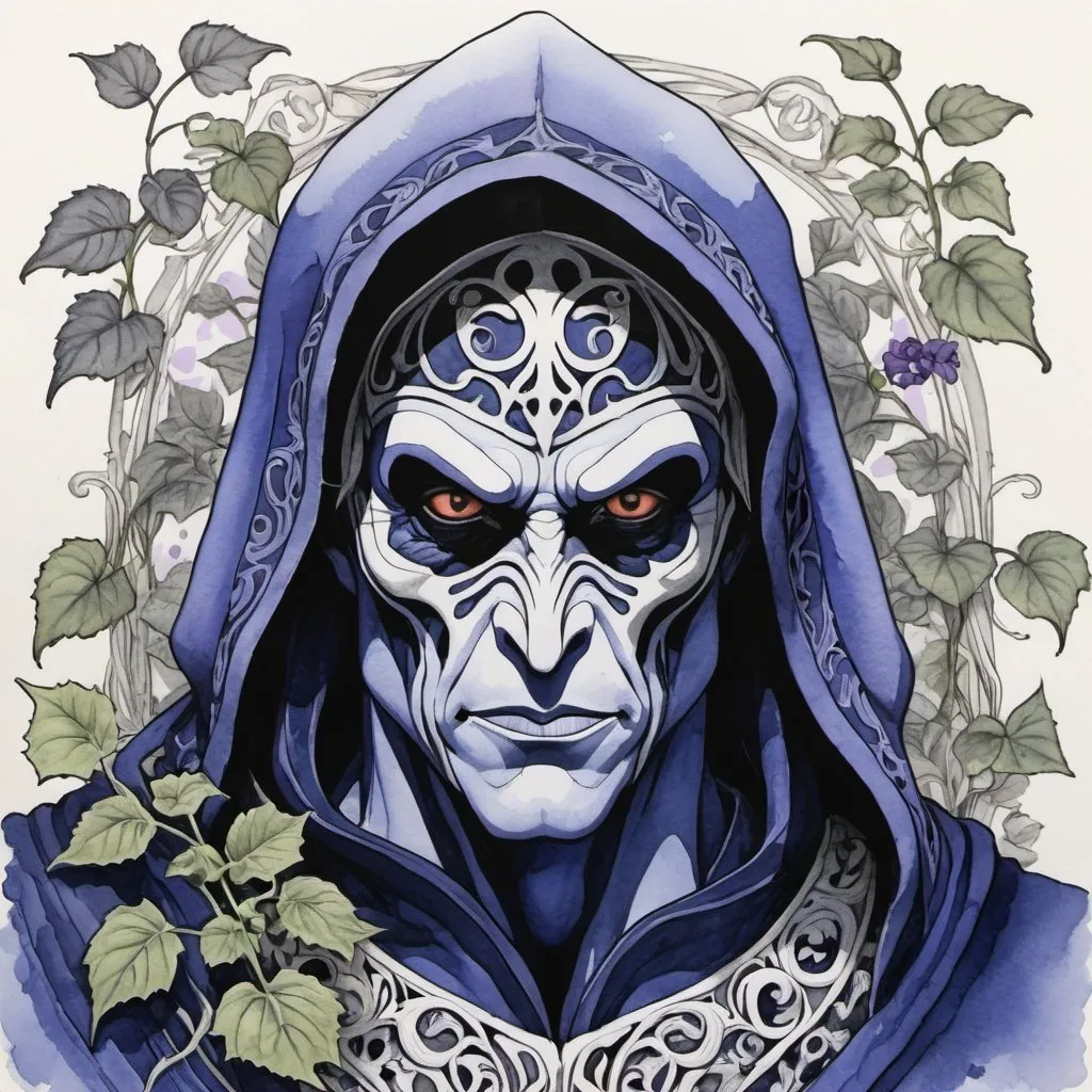 Prompt: intricate ink line art in blacks greys  and navy blues, Mumm-Ra in border of ivy vines laced with lavender; Ink wash portrait, water color overlay, minimalist, ink wash, detailed, line art, film grain, pen art, complementary colors, hatching