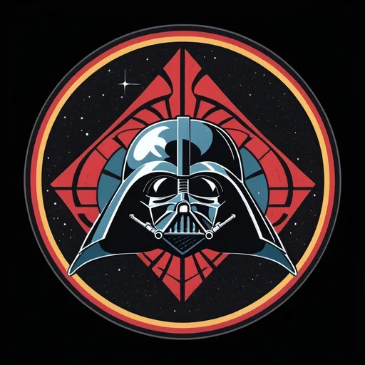 Prompt: Vintage 1970's era patch sigil, vector illustration featuring Darth Vader emblazoned with a TIE Fighter motif, demolishing a city within a perfectly radial-symmetrical, triangle-shaped sigil, limited to four colors, incorporating expressive half-toning against a black background evocative of horror pulp comics, framed by an ominous esoteric backdrop of a forest and galaxy, 32k resolution, molecular precision, ultra sharp focus.