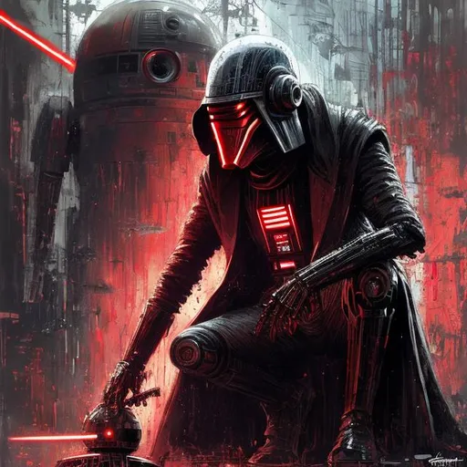 Prompt: Sith star wars detective in red white and black coat and suit crouched down next to a droid, galactic empire art, glowing imperial destroyer background, dark hair, dark space fantasy, intricate details, hyper detailed, Jean Baptiste Monge, Carne Griffiths, Michael Garmash, seb McKinnon, masterpiece