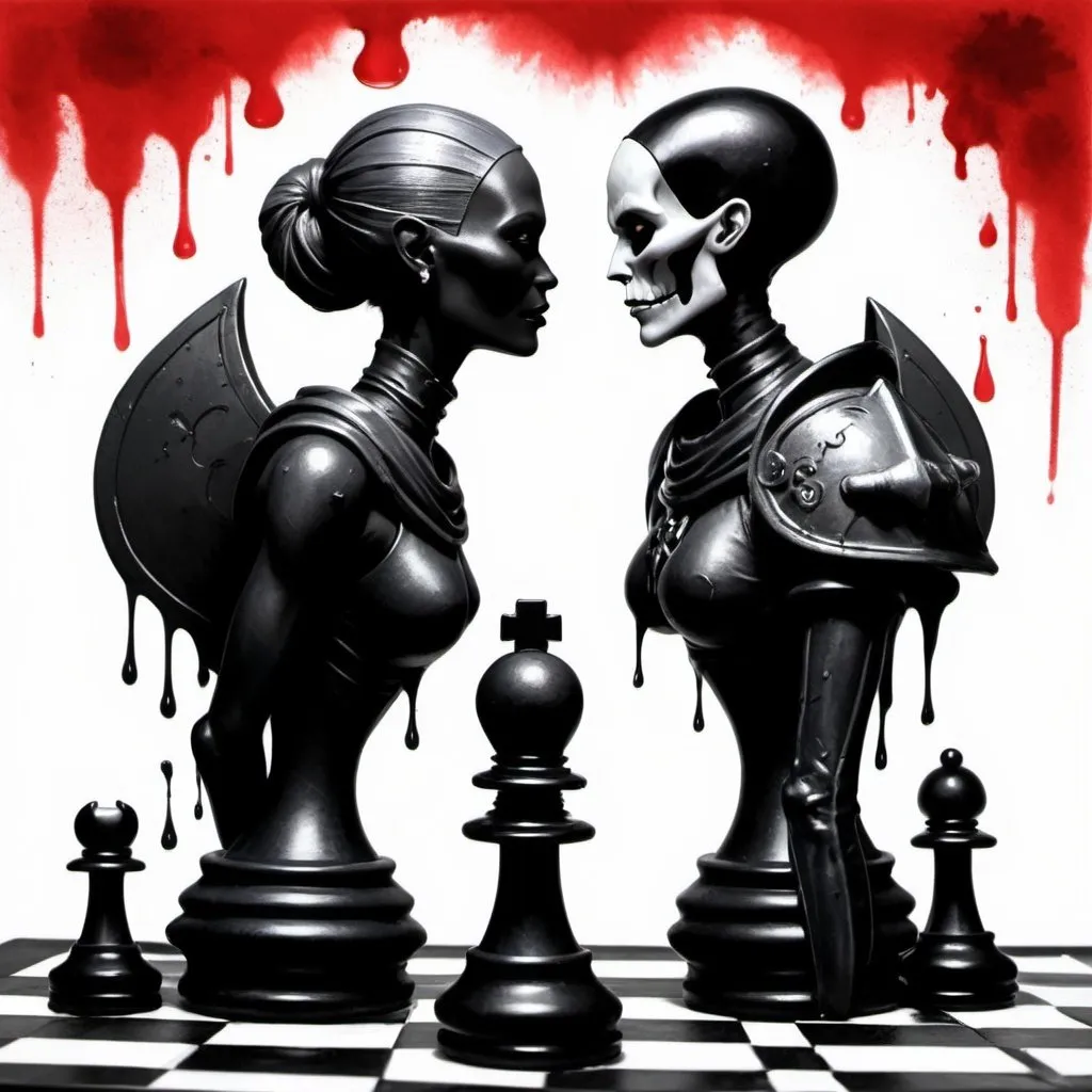 Prompt: (Silhouette:1.3), (Profile: 1.3), Asajj Ventress as Queen piece and Skeletor as a knight piece on a Chess board, (chess pieces:1.3), whimsical illustration of a world based in a chess game, graffiti styled, wet washed, black smoke, best quality, close up, rough, sketch, bold heavy lines, highly stylized, Japanese ink, splash art, red paint splash, ink droplets, hand drawn, epic background., 32k resolution, molecular precision.