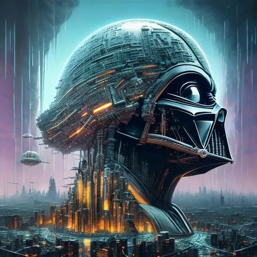 Prompt: Cybernetic Mind Metropolis, Colossal Darth Vader head envisioned by Pranckevicius reveals a cybernetic brain city, miniature urban sprawl nestled within, amazing insanely detailed intricacies, epic maximalist Ultra-high definition render by Sophia Lee unveils a cerebral realm