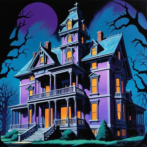 Prompt: 1980s horror paperback painted artwork of a nightmarish gigantic haunted mansion, up close on Darth Sidous, retro horror painting, purple and blue, 32k resolution, molecular precision.