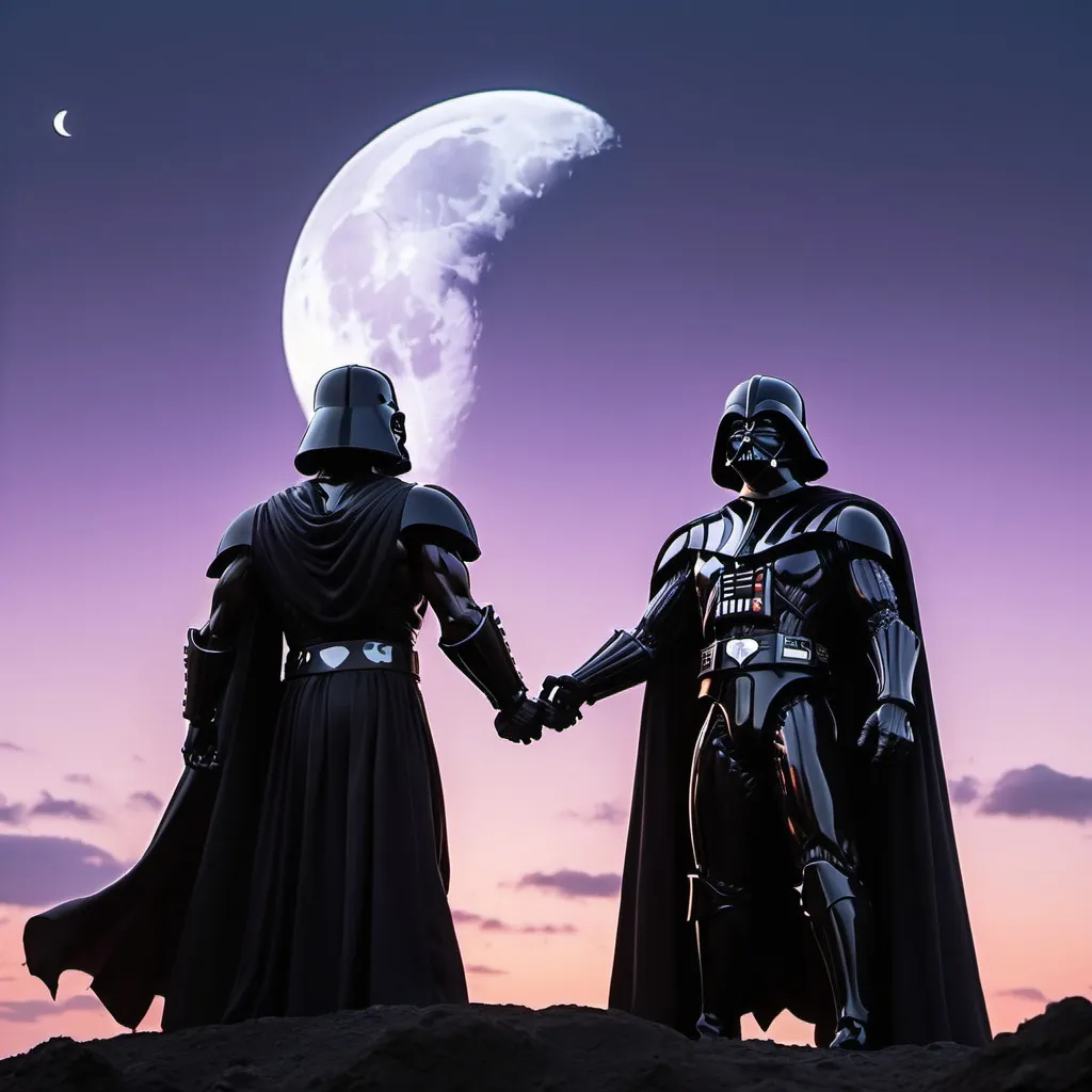 Prompt: Silhouette of Skeletor and Darth Vader against the dusk sky. Heart shaped moon floating closely above the horizon.
Moody and brooding atmosphere