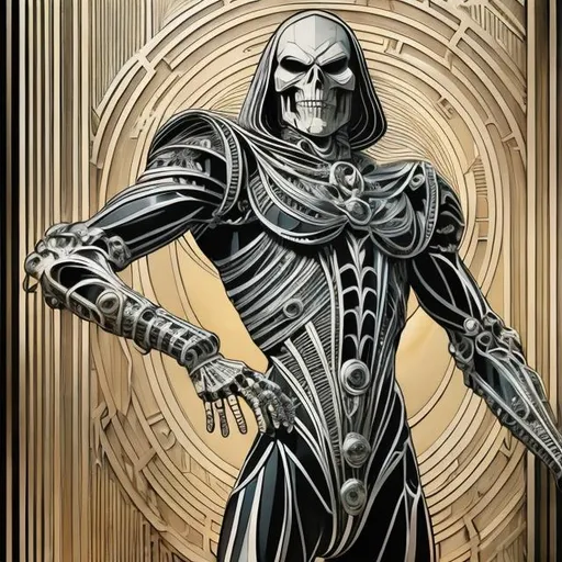 Prompt: "Full Body Shot of Skeletor, Intricate and geometric designs inspired by Art Deco movement's iconic shapes and patterns with stylish illustrations showcasing the sleek glamour and sophistication synonymous with Art Deco architecture and fashion and Detailed portrayals of Art Deco interiors, emphasizing the lavishness and modernity of the era, hyperdetailed by Carl Krull" Weight:1 "ugly, tiling, poorly drawn hands, poorly drawn feet, poorly drawn face, out of frame, extra limbs, disfigured, deformed, body out of frame, blurry, bad anatomy, blurred, watermark, grainy, signature, cut off, draft" Weight:-0.3 "detailed matte painting, deep color, fantastical, intricate detail, splash screen, complementary colors, fantasy concept art, 8k resolution trending on Artstation Unreal Engine 5" Weight:0.9