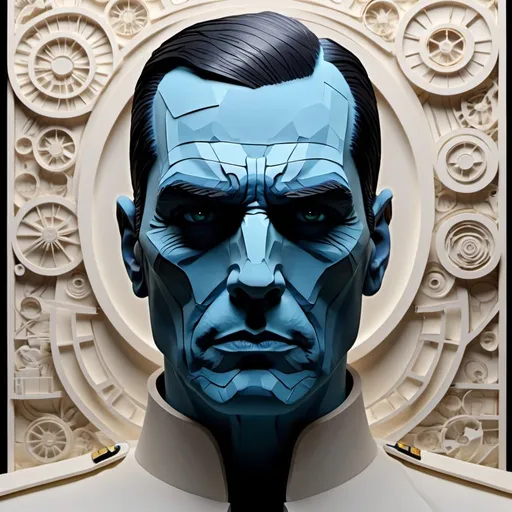 Prompt: Grand Admiral Thrawn, thick layered papercut art, deep 3D, volumetric, dimensional, depth, thick paper, high stack, heavy texture, tangible layers, surreal, OverallDetail-SDXL, extremely detailed, UHD, 32k resolution, molecular precision, hyperdetailed, color depth.