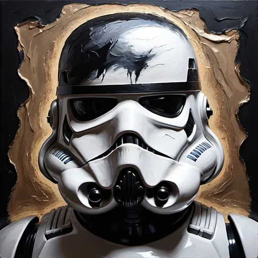 Prompt: Stunning moody acrylic painting of an emotionally charged human portrait, tense, anguished, prompt by McKay, textured impasto, minimalism, thick and heavy strokes, gritty, sublime, aged, exotic, emotional, magical, elegant, gorgeous, the face is Black Stormtrooper helmet, majestic, mysterious, strongly lit, swirling, beautiful, shimmering, textured, mixed media, collage, edgy, realistic, moody, odd, strange, mysterious, eye catching, super cool, gossamer, ethereal, fantasy, award winning, hyper detailed face and eyes, highly detailed, beautifully lit, scattered light, sunbeams,