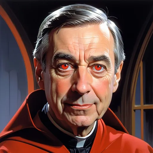Prompt: Mr. Rogers as Count Dracula scowling with glowing red eyes, villainous grinning, gleaming white sharp evil vampire teeth, long cape, by artist "anime", Retrofuturism Key Visual,  impasto paint, oil painting, by Ralph McQuarrie, Ron Cobb, Iain McCaig by artist "Retrofuturism", Retrofuturism Key Visual, Retrofuturism art, Syd Mead, Deep Color, Intricate, 32k resolution concept art, Beautiful Composition"
Weight:1 
 
"intricate details, HDR, molecular precision, hyperrealistic, sharp focus, 16k resolution, sharp focus, perfect composition, high contrast, atmospheric, moody, hyper detailed, UHD.”
Weight:0.9