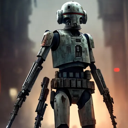 Prompt: star wars droid, assassin, holding two rifles, bandolier over should, dystopian background, photorealistic, intricate detail, volumetric lighting