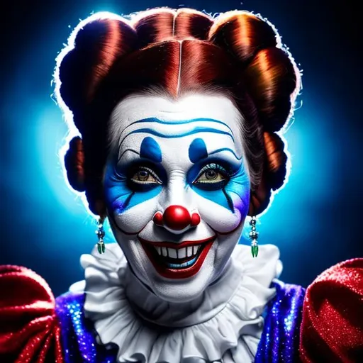 Prompt: "Princess Leia as a very creepy,  evil clown smiling manically with a wild grin and raised eyebrows and intense eyes. Blue clown make-up surrounding her eyes, Wide red clown make-up painted into a crazy smile. Purple clown make-up shaped into diamonds painted on her cheeks. She's coming out of a rainy window cinematic"
Weight:1  

"Hyperrealistic, splash art, concept art, mid shot, intricately detailed, color depth, dramatic, 2/3 face angle, side light, colorful background"
Weight:0.9 