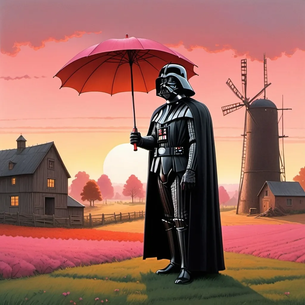 Prompt: Breathtaking cartoon of Darth Vader with a red umbrella, dawn on an early 19th century Germany farm, silhouettes of the workers, pink, orange, gold, (by Gary Larson:1.3), (illustration:1.3), masterpiece, breathtaking illustration, 32k resolution, molecular precision, ultra sharp focus.