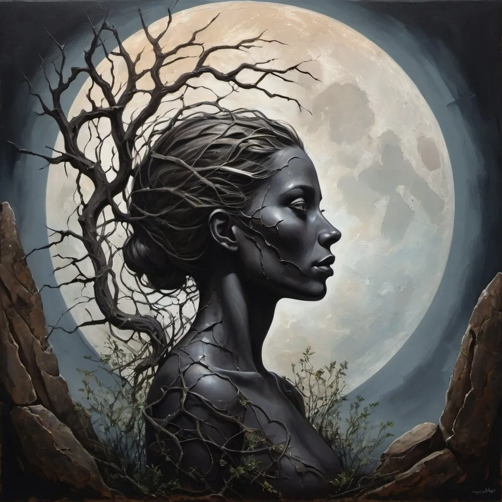 Prompt: "A stunning, surreal painting depicting a silhouette of a woman formed from intertwining plants and stones. The cracked, weathered appearance of the silhouette adds a sense of age and mystery. The background features a dramatic, dark sky with a full moon casting a pale, ethereal light on the scene. The overall effect of the painting is a hauntingly beautiful blend of nature and the supernatural, painting"
Weight:1   

"Hyperrealistic, splash art, concept art, mid shot, intricately detailed, color depth, dramatic, 2/3 face angle, side light, colorful background, 32k resolution, molecular precision. ultra sharp focus."
Weight:0.9 