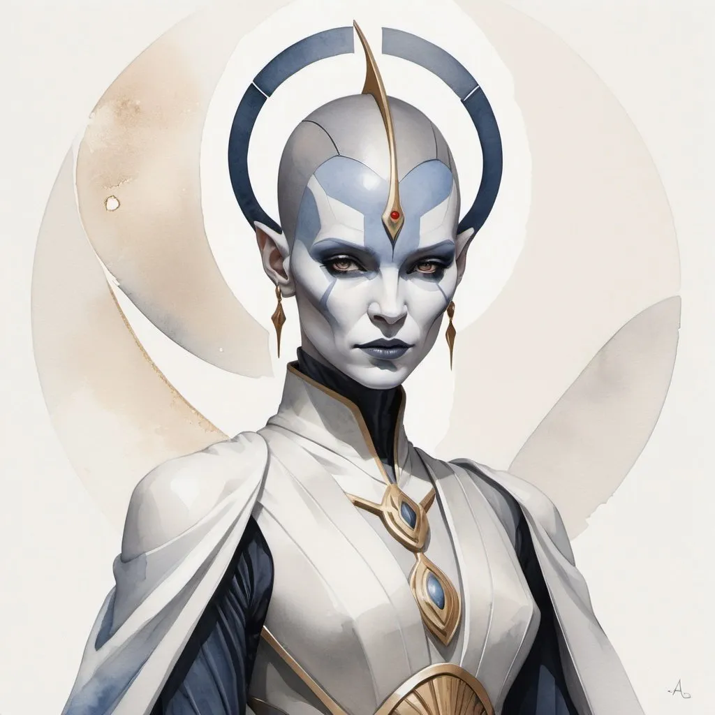 Prompt: An exquisite minimalist illustration showcases a serene and harmonious Asajj Ventress, exuding tranquility in her pose and expression. With a soft color palette of light grey, off-white, subtle gold, and blue, the design emanates modern minimalism. The subject, adorned in fashionable attire, is portrayed with clean lines and an ethereal quality, capturing the essence of refined elegance. The background is minimal and harmonic, allowing the subject to be the focal point of the captivating artistic poster. Watercolor, trending on artstation, sharp focus, studio photo, intricate details, highly detailed, by greg rutkowski. 32k resolution, molecular precision.