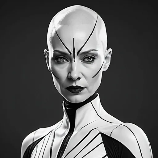 Prompt: Portrait of Asajj Ventress wearing skintight, vibrant white bodysuit accentuated with bold black lines, minimalist monochromatic style, fine lines creating a 3D effect, minimalism, monochrome, emphasis effect, black and white, ultra-fine detailing, high contrast, digital painting.