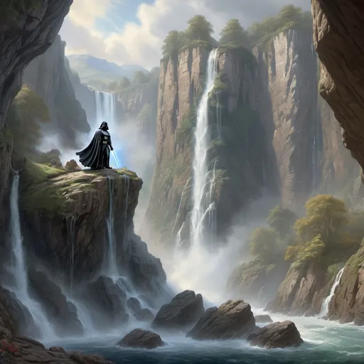 Prompt: Statue of Darth Vader carved in cliff with epic waterfalls. Robert Campin::3 paints the scenes from lord of the rings, concept art richly painted oil paintings, artstation, highly - detailed, 32k octane render, energy, power, highest quality, maximum detail, hdr --v 6.0 --c 33 --s 1000 --ar 29:40"
Weight:1.4

"ethereal fantasy hyperdetailed mist Thomas Kinkade 32k resolution, molecular precision, ultra sharp focus."
Weight:1.2