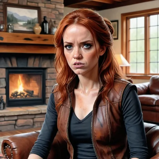 Prompt: (masterpiece:1.4), best quality, watercolor, ink, oil and pencil, oil painting, high detail  (Mara Jade), angry expression, (a rustic living room with leather furniture and a stone fireplace). 32K resolution, molecular precision, ultra sharp focus.