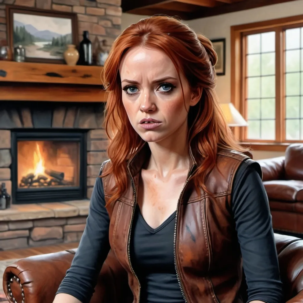 Prompt: (masterpiece:1.4), best quality, watercolor, ink, oil and pencil, oil painting, high detail  (Mara Jade), angry expression, (a rustic living room with leather furniture and a stone fireplace). 32K resolution, molecular precision, ultra sharp focus.