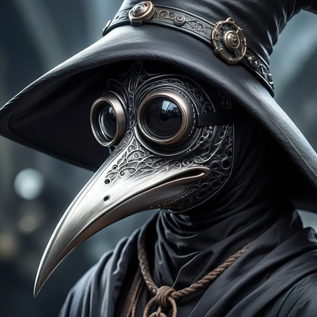 Prompt: plague doctor, menacing, evil, Miki Asai Macro photography, close-up, hyper detailed, trending on artstation, sharp focus, studio photo, intricate details, highly detailed, by greg rutkowski