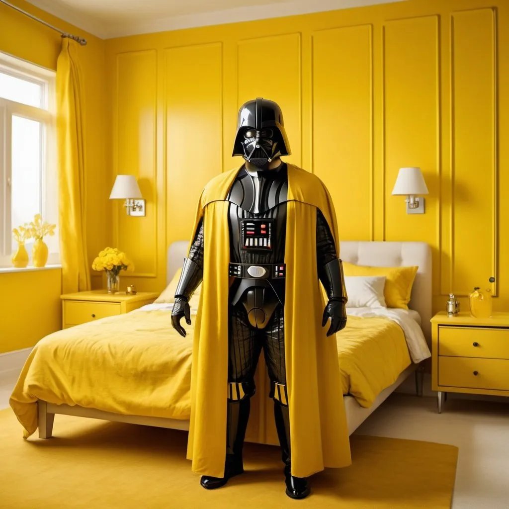 Prompt: A yellow Darth Vader wearing a yellow suit dynamically standing in a yellow windowless bedroom next to the yellow bed, realistic, yellow vanity table, yellow wardrobe, yellow bed. The entire room is painted yellow.
16k resolution, HDR, UHD, ultradetailed, molecular precision.
Yellow.